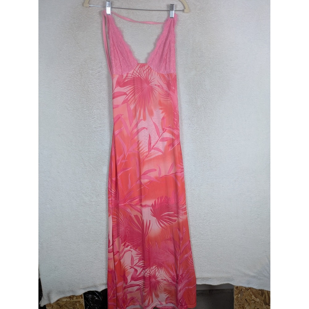 SHEIN Maxi Dress Women's XL Pink Tropical Lace Trim Backless Palm Print